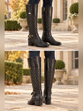 Bandolino Blushe Black Leather Quilted Tall Knee High Riding Boots Size 5.5M